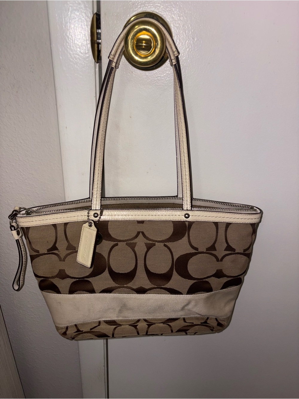 Coach Canvas Signature Tote in Khaki and Chalk
